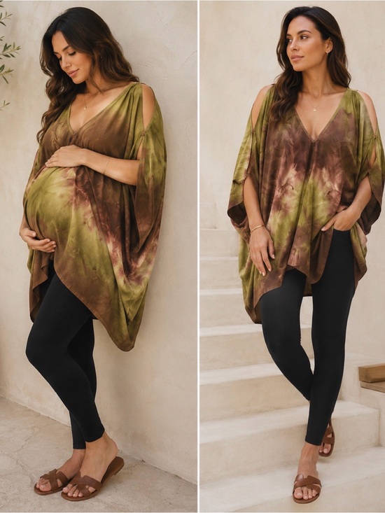 FBC Studio Tops - Organic Viscose Boho Kaftan Top Maternity & Postpartum Tie Dye Earth Tones M-XL
